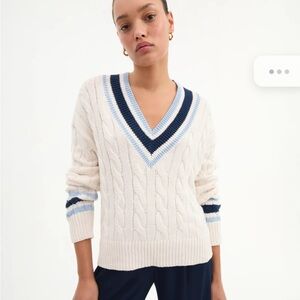 V-Neck Cable Knit Sweater - Cream and Blue